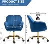 360° Dark Blue Velvet Swivel Chair With High Back, Adjustable Working Chair With Golden Color Base